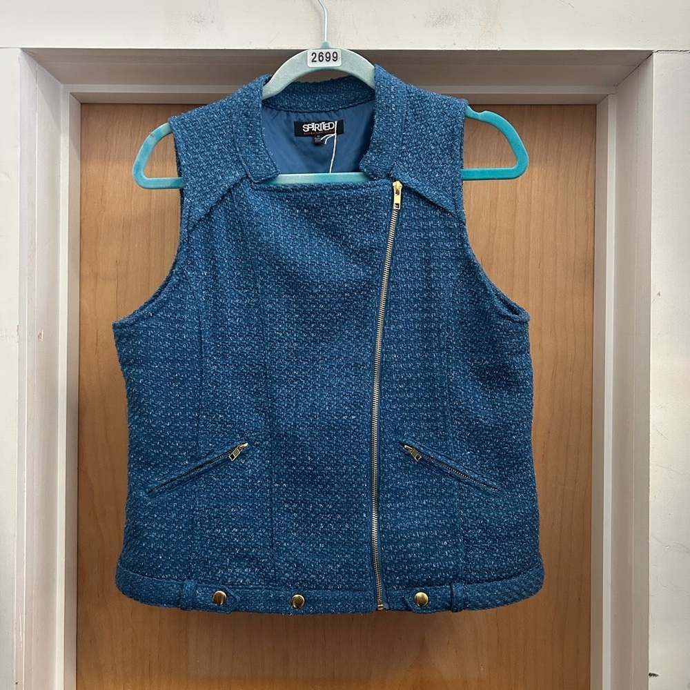 Spirited Randolph Duke Teal Tweed Moto Vest with Gold Hardware - size M